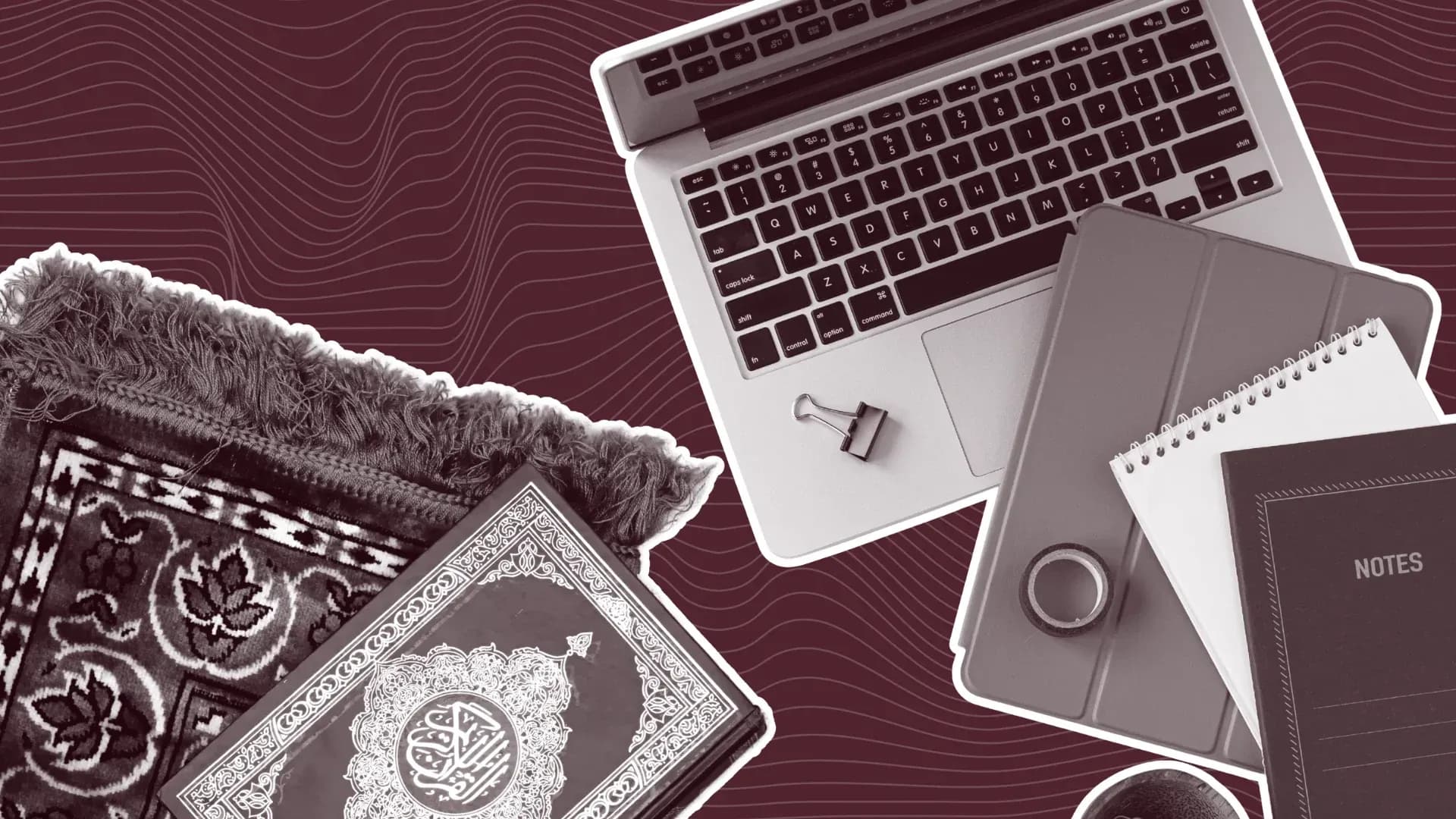 Top view of prayer mat, the Quran, MacBook, iPad, and some paper