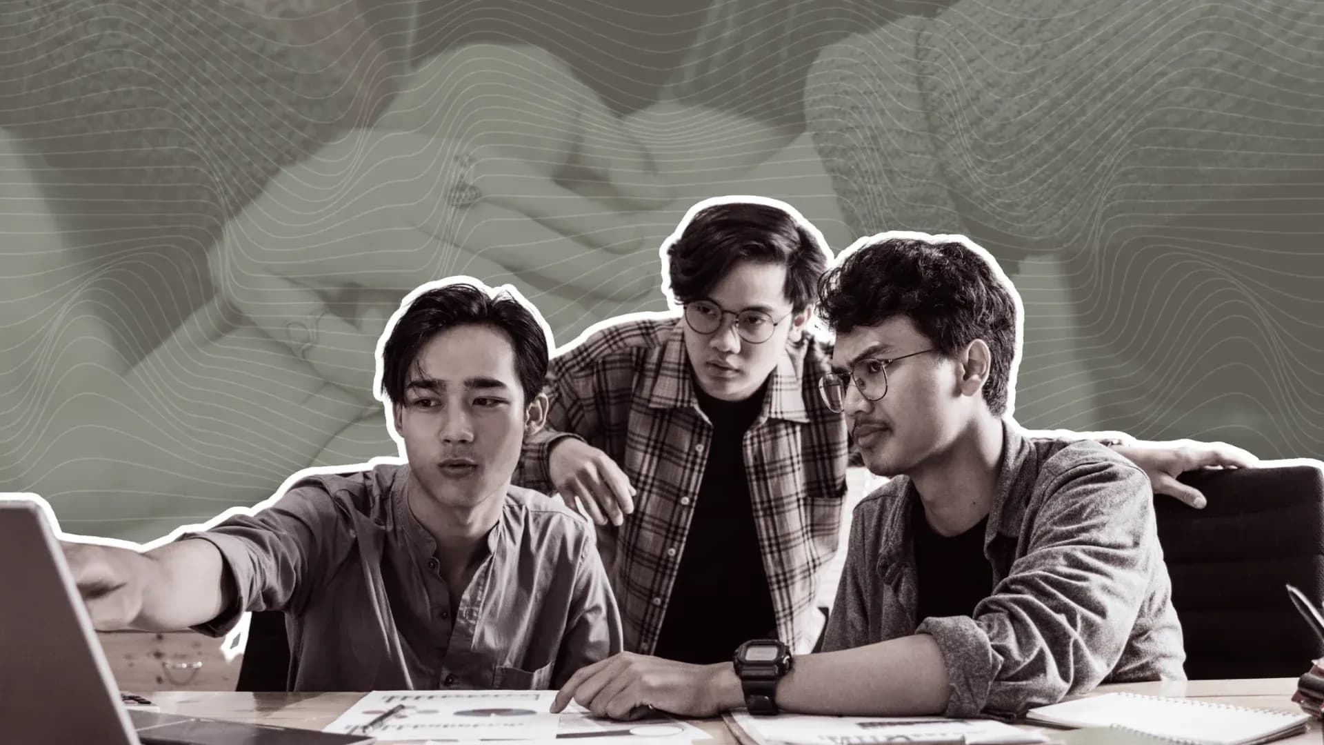 A group of boys discussing a report